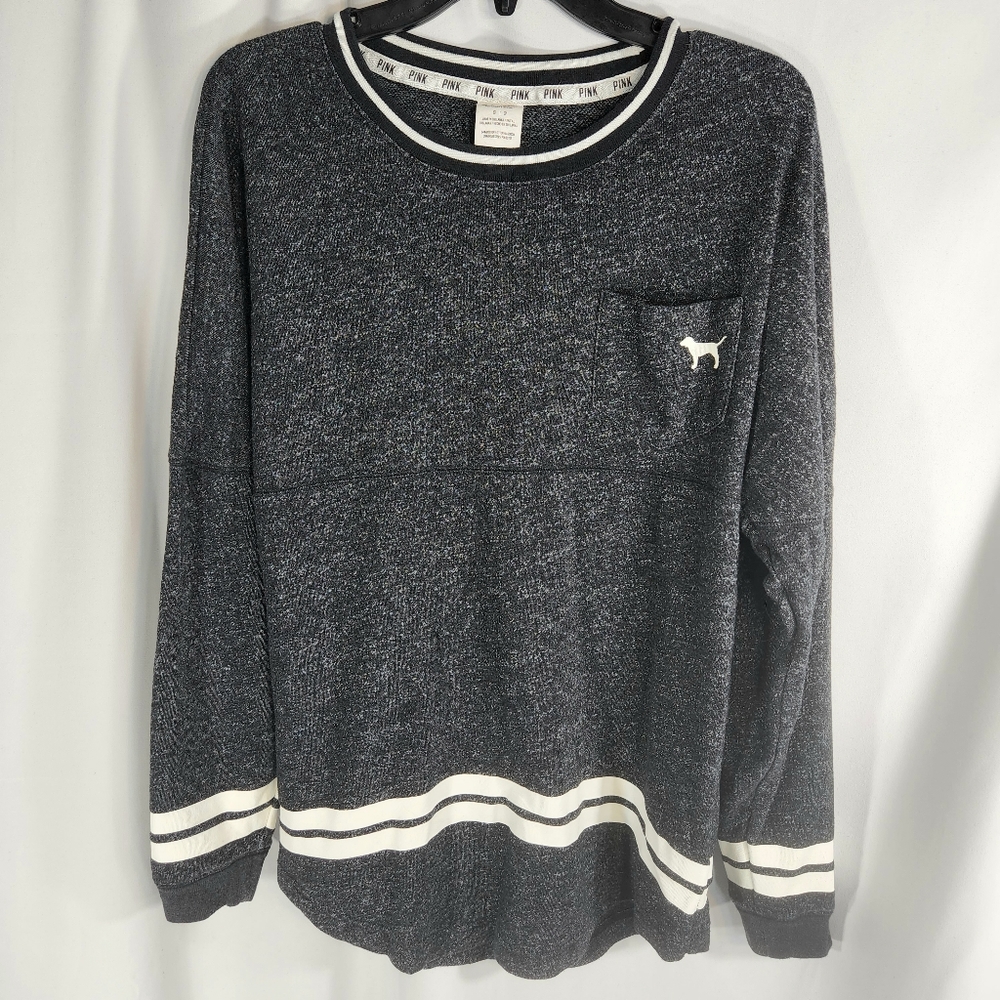 VS PINK Heathered Black Stripe Accents Drop Shoulder Pocket Top Size Small